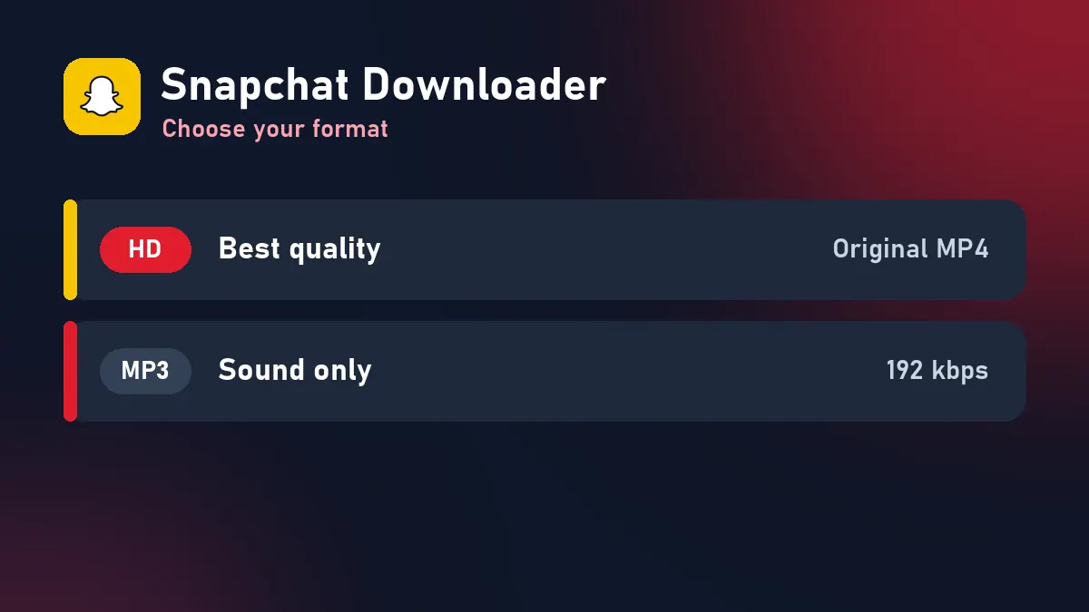 Snapchat Downloader formats: HD MP4, normal MP4 and MP3