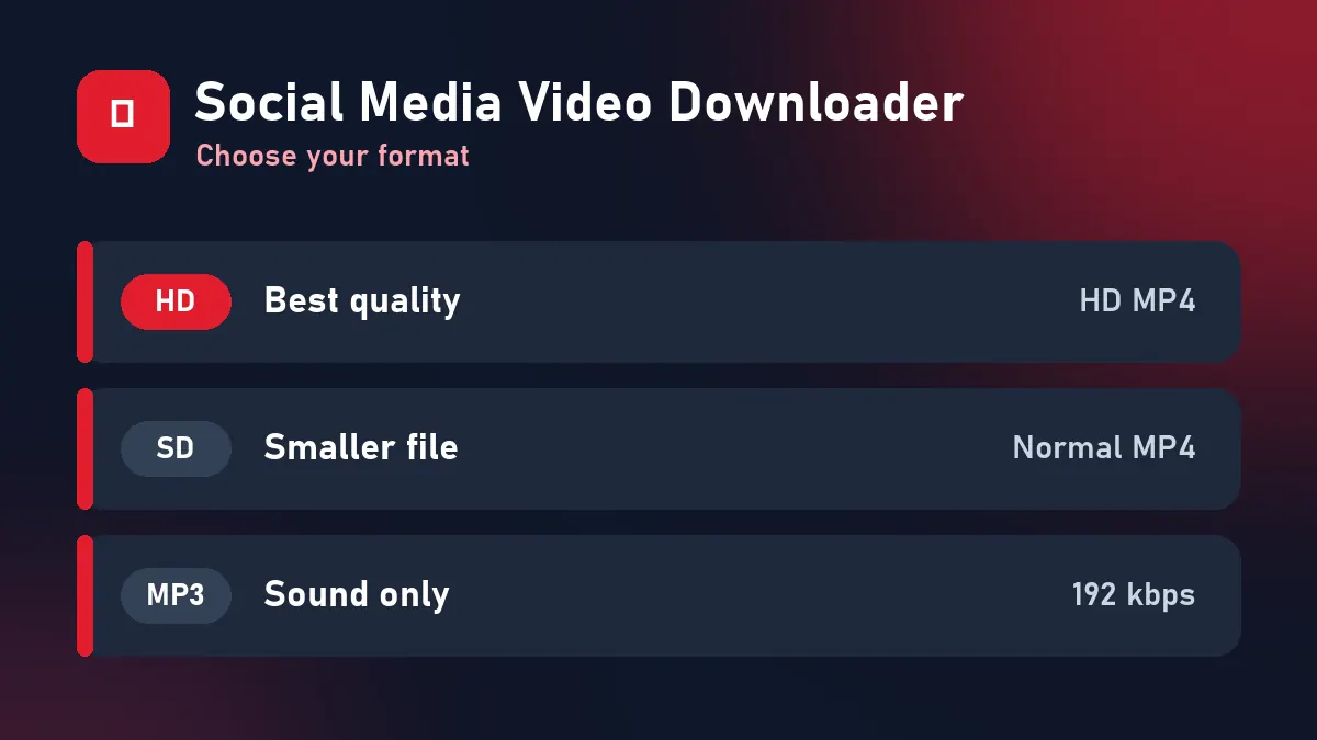 Social Media Video Downloader formats: HD MP4, normal MP4 and MP3