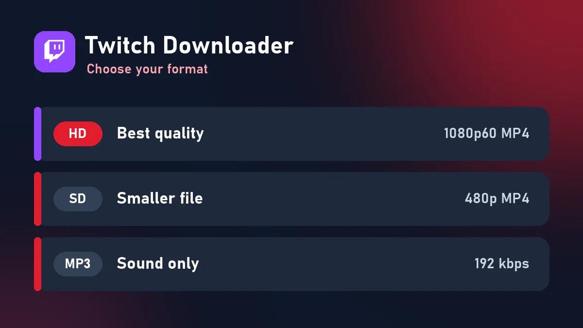 Twitch Downloader formats: HD MP4, normal MP4 and MP3